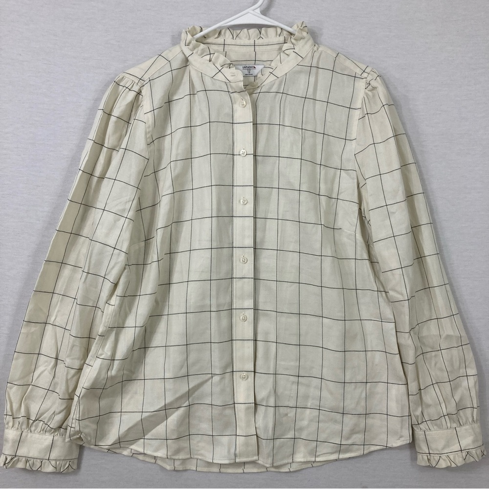UNTUCKit Black Cream Plaid Ruffle‎ Long Sleeve Button Down size 12
